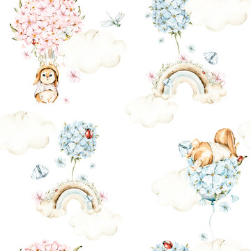Watercolor nursery seamless pattern Hand painted cute butterfly,balloons of flowers, bunny. Character isolated on white background. illustration for design, print, wallpaper