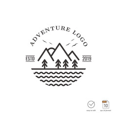 Line art with mountain, pine and lake element, adventure logo design vector