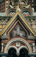Close-up architectural elements of the Church of the Savior on Spilled Blood. The entrance to the chapel.