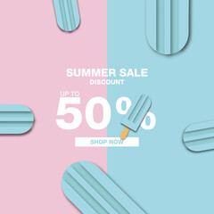 Paper Style. Summer Sale Banner template design with blue popsicle in paper cut style for social media promotion.