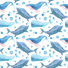 Watercolor Seamless Pattern with humpback Whales. Cute hand drawn Blue illustration of underwater life. Isolated elements on white background. Ocean background for textile design or wrapping paper