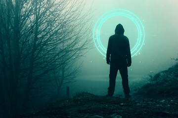 A spooky hooded figure, back to camera. Looking at a glowing, portal, gateway. In a forest on a...