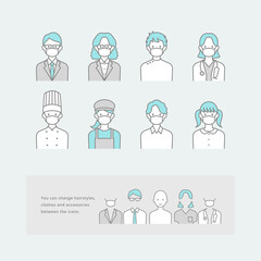 着せ替え可能な線画アイコンセット、マスクをした会社員・医療・飲食業の人物