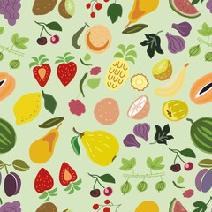 Fruit abstract stylized set color vector hand-drawn illustration. Print textile vintage retro background paper wallpaper bright cute pictures baby patern seamless