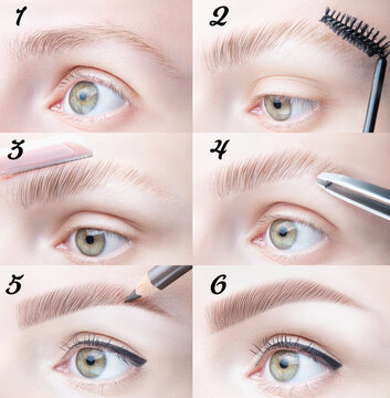 Close up of step by step makeup brow. Make up before and after, eyebrow correction, modeling