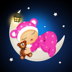 illustration of baby girl sleeping on the moon