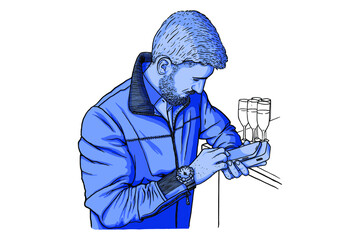 Man with a phone at a party. Vector illustration. Hand-drawn style