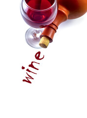 Glass and barrel with red wine on a white background. Vertical image. Text 