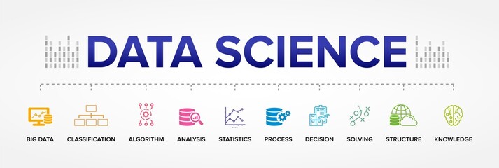 Data Science concept vector icons: Big Data, Classification, Analysis, Statistics, Decision, Structure, Algorithm, Process, Solving, Knowledge.