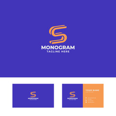 Simple and minimalist orange 3d slant letter S logo in blue background with business card template