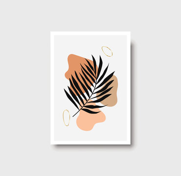 Botanical wall art abstract vector. Foliage line drawing. Neutral boho art print. Minimal mid century wall art print for bedroom decor. Gallery decor poster, terracota watercolor. Vector illustration