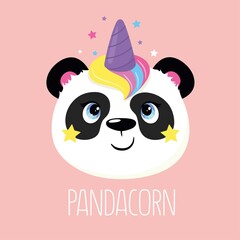 Panda. Happy and cheerful panda unicorn with the word pandacorn. Vector illustration.