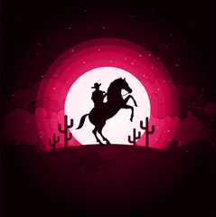 American Cowboy with horse Wild West Moon night landscape background