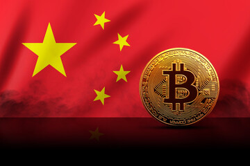 golden bitcoin coin on the chinese flag background. cryptocurrency concept