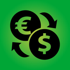 Dollar exchange with euro, currency converter flat icon design. Green Background.
