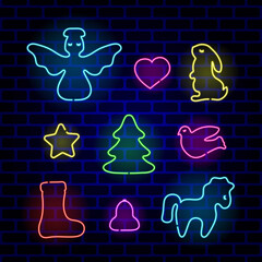 Set of neon Christmas decoration. Decorative Christmas toy bright signboard, light banner. Vector illustration.