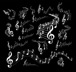 Wavy music staves. Vector set on black background