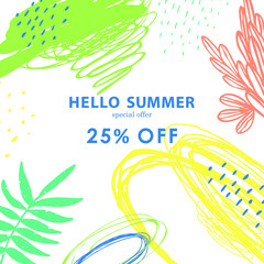 Hello Summer. Trendy abstract art templates. Suitable for social media posts, mobile apps, banners design. Vector fashion backgrounds. Leaves and plants. Summer holidays. Summer sales