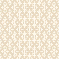 Light background pattern with white decorative ornament on a beige background, wallpaper. Seamless pattern, texture