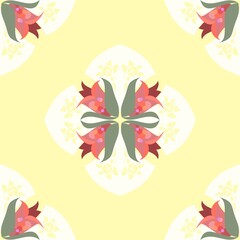 Lemon Yellow And Pink Floral Symmetrical Repeat Pattern