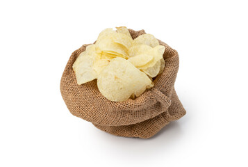 Fried potato slice in sack on white background