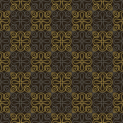 Trendy background pattern with ornate decorative ornamentation on black background, wallpaper. Seamless pattern, texture