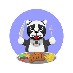 Illustration vector graphic cartoon of cute dog eating beef steak. Childish cartoon design suitable for product design of children's books, t-shirt etc