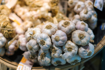 White garlic pile texture. Fresh garlic on market table closeup photo. Vitamin healthy food spice image. Spicy cooking ingredient picture. Pile of white garlic heads. White garlic head heap top view