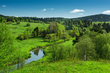 San River and Border Post on Polish Ukraine Frontier in Bieszczady Park, Poland at Sumer.