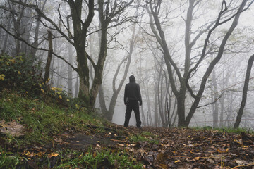 A sinister hooded figure, back to camera, on a path through a moody misty winter woodland