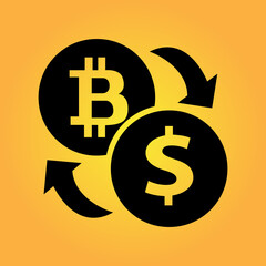Bitcoin to dollar currency exchange. Bitcoin exchange with bitcoin coin symbol and sign of other currencies. Cryptocurrency technology. Vector illustration