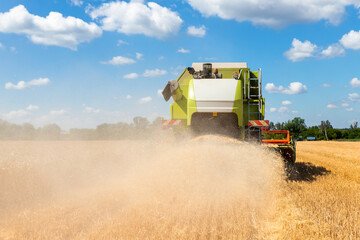 Scenic front view Big red powerful industrial combine harvester machine reaping golden ripe wheat...