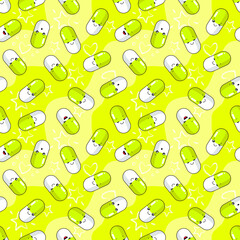 Medicines, pills emoji yellow and white on a yellow background with hearts, stars. Antibiotics, antidepressants, vitamins, analgesics. Print, printing on fabric. Seamless pattern. Vector illustration
