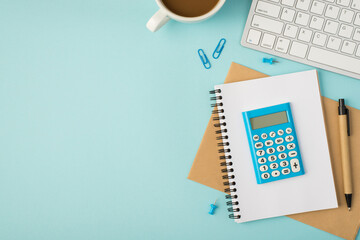 Top view photo of blue calculator on notepads pen pins clips cup of coffee and keyboard on isolated pastel blue background with copyspace