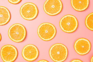 Top view photo of orange slices on isolated pastel pink background
