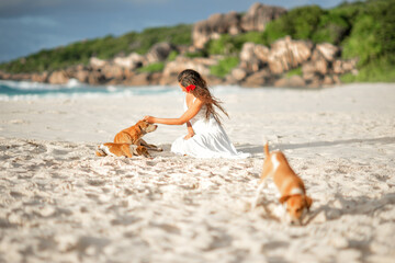 Girl sitting on the sand on the beach and having fun with the dogs