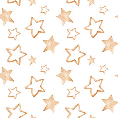 Fototapeta na wymiar Watercolor golden star pattern. Hand-drawn seamless background. Christmas or holiday pattern.