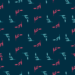 Bright little pink and blue outline leaves seamless pattern. Dark navy blue background. Scrapbook style.
