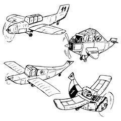 Vintage airplanes ink illustrations set. Transportation vehicles sketch. Retro vibe. Monochrome texture style. Planes vector drawing. 