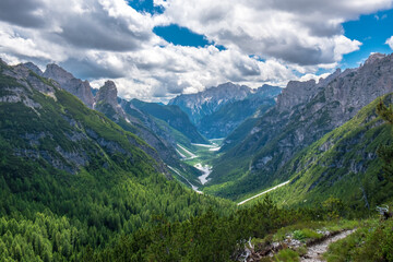 Fototapeta na wymiar Exploration summer day in the beautiful Carnic Alps, Forni di Sopra, Friuli-Venezia Giulia, Italy