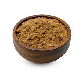 Brown cane sugar with wooden bowl isolated on white background ,include clipping path