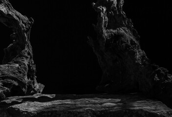 An Old Tree Root Placed on a Rock Display Podium, Showing Detail to the Stone Surface and a Shadow with Natural Light Piercing the Dead Wood.
