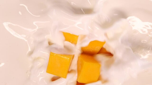 Mango falling and splashing into cream or yoghurt in super slow motion. Tropical fruits with milk.