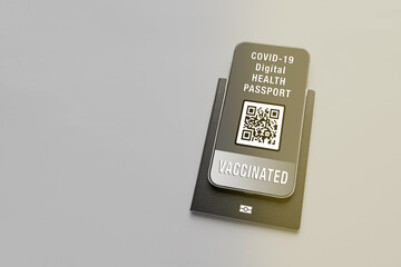 covid-19 digital health passport, which proves that the person was vaccinated, gray background with copy space for text.