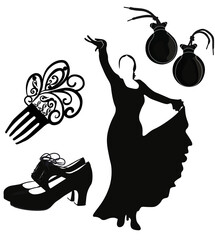 Set of flamenco icons vector stock illustration. Castanets, shoes. Spanish traditional music. Isolated black silhouettes on a white background. - obrazy, fototapety, plakaty