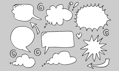 Hand drawn set of speech bubbles isolated on grey background.