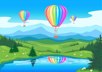 Aerostat flies over the mountains against the backdrop of a beautiful landscape with a lake. Hot air balloon in rainbow colors. Bright entertainment and travel. Balloon festival. Vector