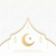 Eid Al Adha Mubarak Islamic Greeting Card White Golden Elegant Ornament Pattern Luxury background