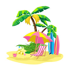 Fototapeta na wymiar Tropical beach with palm trees, umbrellas and sun loungers in cartoon style. Summer vacation by the sea vector illustration isolated on white background for flyer, poster or postcard
