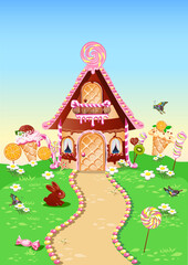Obraz na płótnie Canvas sweet little house with chocolate, waffles and cookies, decorated with sweets, stands in a forest glade. Fairy tale background with gingerbread house in cartoon style vector illustration.